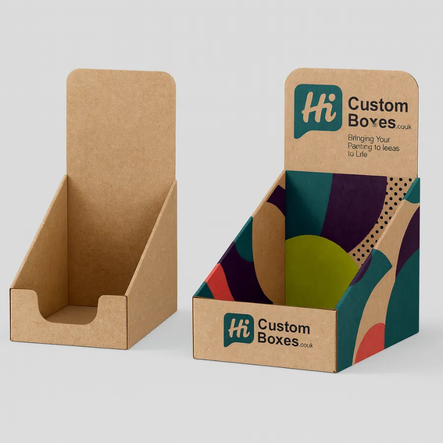 Two counter display boxes- one plain Kraft- one colourful with -Custom Boxes- branding- class=